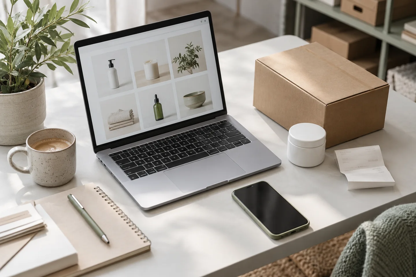 Лаптоп с продуктов каталог, опаковка за доставка и смартфон